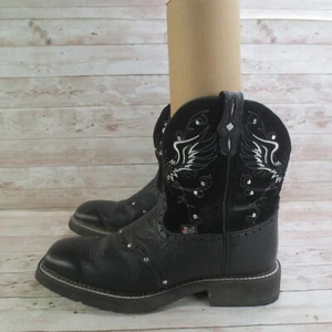 Justin Gypsy Boots Womens 11 Black Leather Cross Angel Wings Cowboy Rodeo * - Picture 1 of 10