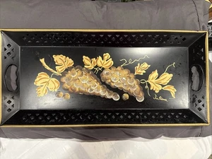 Vtg MCM Nashco Reticulated Hand Painted Tole Metal Serving Tray 22” X10” Signed - Picture 1 of 15