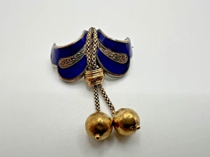 Antica spilla vittoriana mascherata 14k e argento sterling smalto blu 4,7 cm - Foto 1 di 18