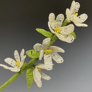 Vintage French Beaded Glass Flower White & Yellow Handmade Wire Stem 20” - Picture 1 of 5