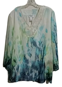 Peck & Peck Watercolor Blue White Green Beaded V Neck Flowy Top SZ 2X 3/4 Sleeve - Picture 1 of 14