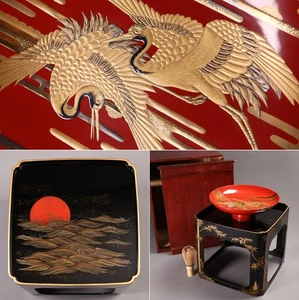 Japanese Lacquer Wooden Sake Cup & Stand Set Gold Sunrise Cranes Meiji Era 19th - Picture 1 of 24