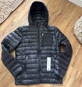 Calvin Klein Men's Black High Shine Hooded Down Puffer Jacket Holiday NWT SizeS - Picture 1 of 14