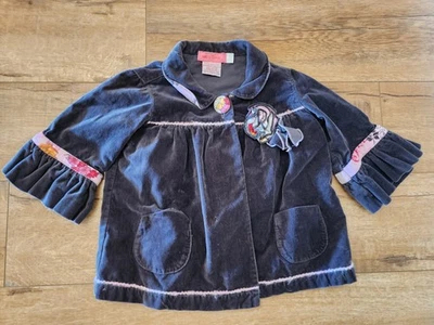 Vintage USA MADE Pink Tangerine 6 Girl Gray Velvet  Jacket Floral Trim 3/4 Sleev - Image 1 of 4