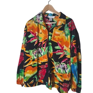 ERIN LONDON leichte Bomberjacke orange rot tropisch Blumen Zebra Gr. L - Bild 1 von 8