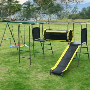 6 in 1 Metall Schaukelset mit Untertassenschaukel, Gurtschaukeln, Kletterleiter und Rutsche - Bild 1 von 15