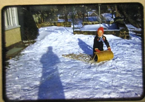 1950 Winter Sled Boy Snow Backyard Childhood Winter Moment Kodachrome Slide - Picture 1 of 4