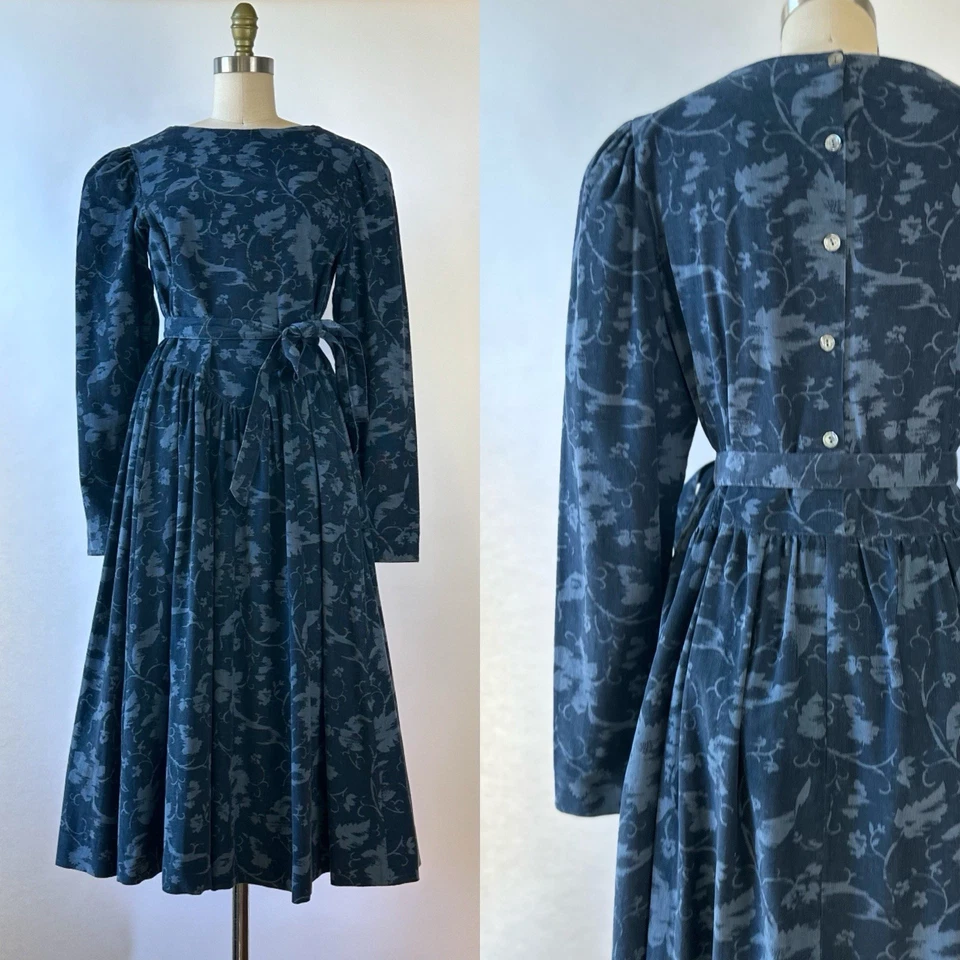 80s Laura Ashley Cotton Fine Wale Corduroy Dress with Belt Tonal Blues S/M - Image 1 of 4