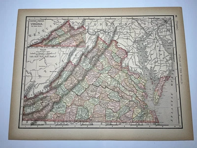 1893 VIRGINIA State Map fm 1894 Rand-McNally Library Atlas SEE PICs/DESCRIP - Image 1 of 2