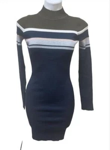 Romeo and Juliet NAVY MULTI Women's Stripe Bodycon Ribbed Sweater Dress M - Picture 1 of 1