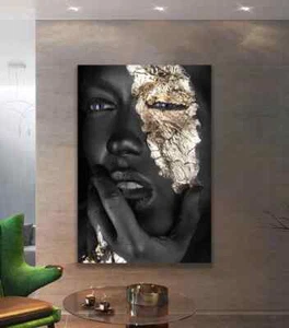 Retoque de pintura de media cara de mujer negra surrealista sin marco y edición limitada - Imagen 1 de 2