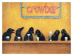 The Crowbar by Will Bullas Comical Black Birds Drinking Art Print 16x12 Inches - Picture 1 of 1