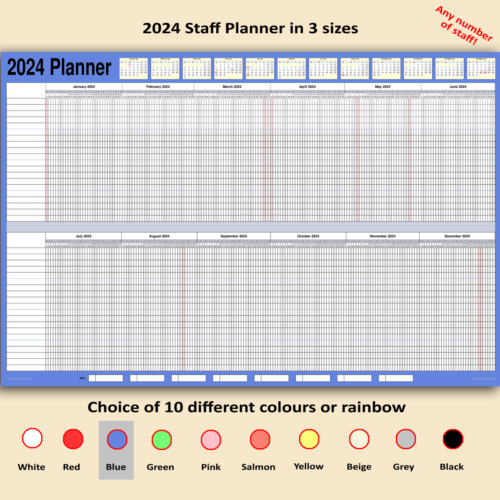 2024 Staff Planner 366 days, 36/48/60" x 24" Choice of Colour, date & Staff num.