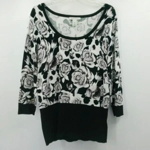 White House Black Market Rose Sweater Women XL Black White Scoop Neck 3/4 Sleeve - Picture 1 of 8