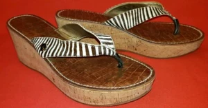 Sam Edleman Toe Post Slide Wedge Size 10M White Brown Striped Straps Cork Wedge - Picture 1 of 12