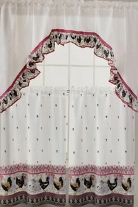 3pc. Kitchen Curtains Set: 2 Tiers (30"x36") & Swag (60"x36") ROOSTERS, EHF - Picture 1 of 10