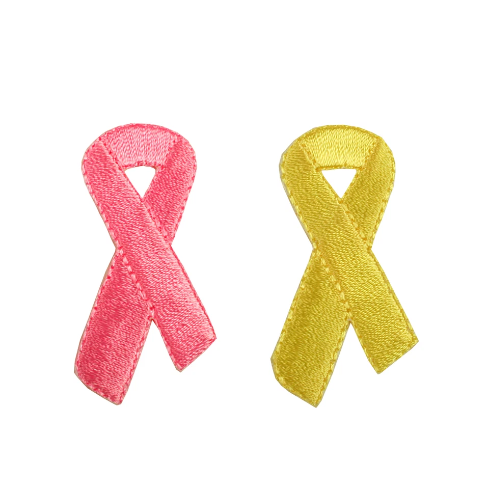 Pink Yellow Full Embroidery Cancer Awareness Ribbon Self Adhesive Patch Applique - Image 1 of 1