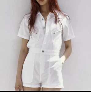Zara White Utility Retro Romper Shorts Women's Size 28 NWT - Picture 1 of 9