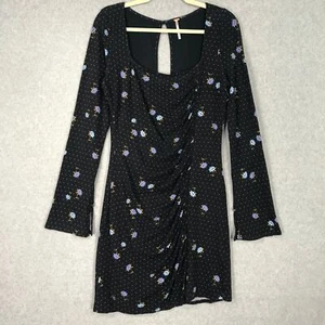 Free People Dress Medium Black Mini Ditsy Bloom Ruched Bell Sleeve Celia Y2K - Picture 1 of 14