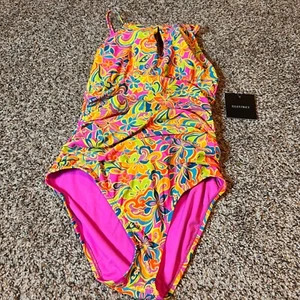 Ellen Tracy Floral Print One Piece Swimsuit Keyhole Ruched Multicolor Size 10 - Picture 1 of 5