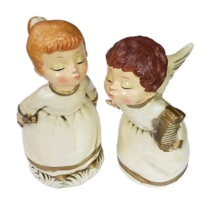 ZWEI Vintage Pappmaché oder Kreidegeschirr Ardco Gold Weihnachten Engel küssende Figuren - Bild 1 von 11