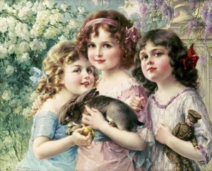 Emile Vernon, ""Las Tres Gracias", digital, imagen 17,7x22, Niños con animales - Imagen 1 de 1