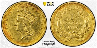 1856 PCGS XF Detalle - Inclinada 5 Cabeza de Libertad de Oro Moneda de $1 Dólar de Estados Unidos #57605B Foto 1 de 4