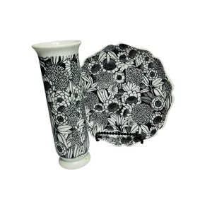 Vintage Andrea By Sadek Black and White Floral 6" Plate 6.5" Vase Mod Flower - Picture 1 of 10