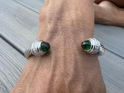 David Yurman Sterling Silver 7mm Cable Bracelet Peridot & Diamonds size Medium - Image 1 of 4