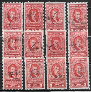 US, used,  12 copies of R676  $5.00 G.M. Bobb revenue stamps, Issued, 1954 - Picture 1 of 1