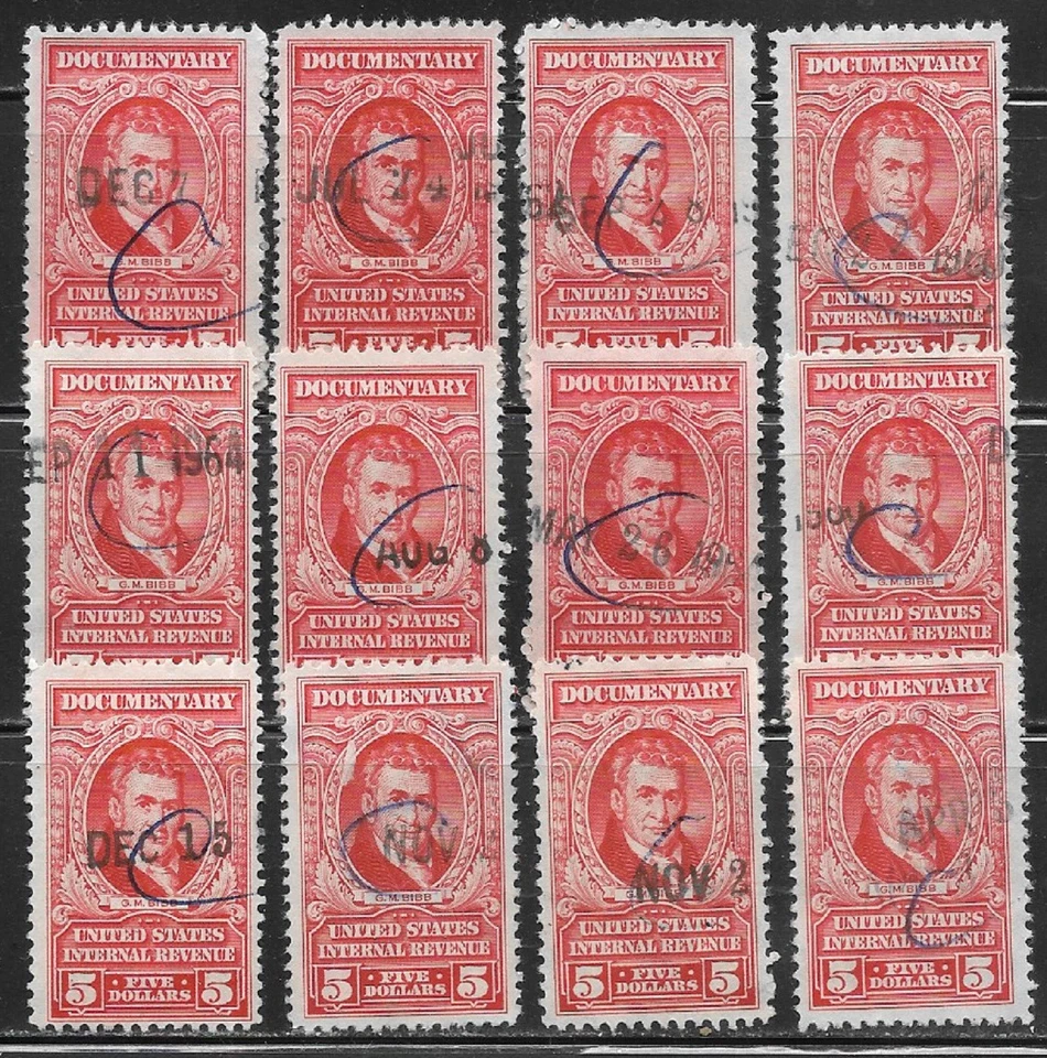 US, used,  12 copies of R676  $5.00 G.M. Bobb revenue stamps, Issued, 1954 - Image 1 of 1