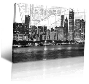 Framed Chicago Skyline Wall Art Black and White Wall Decor Canvas Prints - Picture 1 of 7