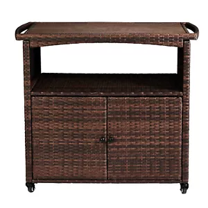 Outdoor Bar Cart with Storage: All-Weather Wicker, Spacious Cabinet and Mobility - Picture 1 of 12