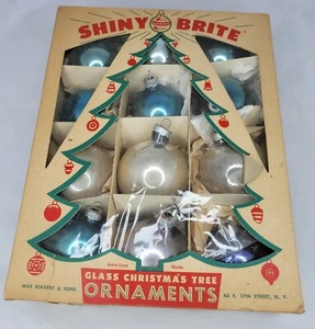 Vtg Box 12 Mercury Glass Shiny Brite Christmas Ornaments Silver Blue Lavendar - Picture 1 of 12