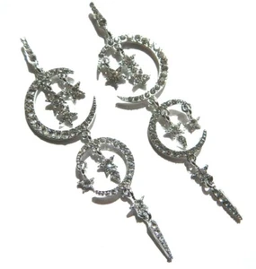 CELESTIAL CHANDELIER EARRINGS crystal rhinestone crescent moon star glam 5V - Picture 1 of 14