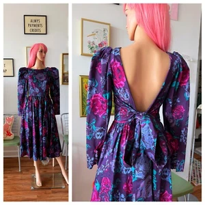 Vintage 80s Laura Ashley 100% Cotton Backless Victorian Party Roses Dress S M - Picture 1 of 10