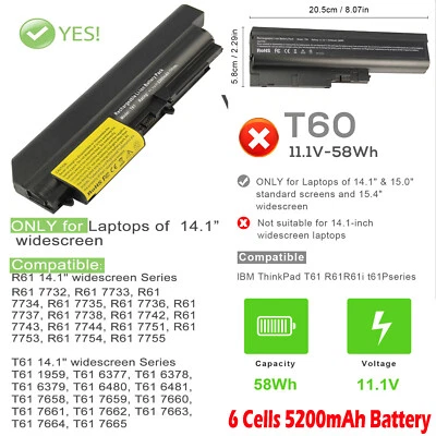 ✅NEW T400 Battery For Lenovo T61 R61 Series 14.1" widescreen R400 Thinkpad 33+ ✅ - Image 1 of 4