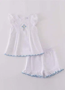 Girl's Boutique Premium White Blue Easter Cross Two Piece Short Set Outfit Sibli - Picture 1 of 8