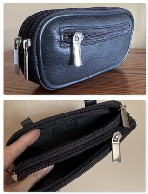 Estojo com zíper lateral macio EL PORTAL preto couro genuíno óculos duplo - Imagem 1 de 4