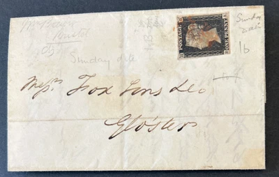 QV GB SG 1 1d Penny Black BA Plate 1b Bristol Red Maltese Cross MX Early Date - Image 1 of 4