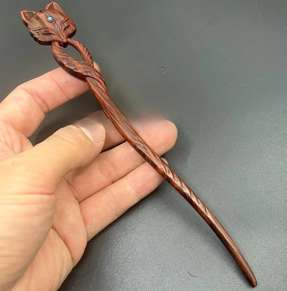 Rosewood Carved Hair Pin Stick Fox Type Fork Updo Bun Styling Boho Outfit - Image 1 of 4