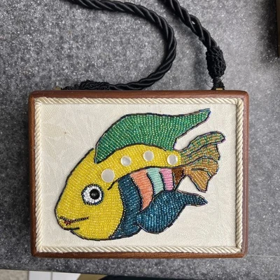Fish with MultiColored Sequins and Beads Handmade Cigar Box Handbag 8"x6" - Image 1 of 4
