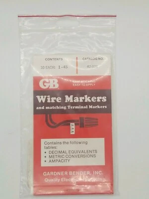 Folleto marcador de alambre GB # 42-029, números 1-45 (10 cada uno). Gardner Bender Foto 1 de 3