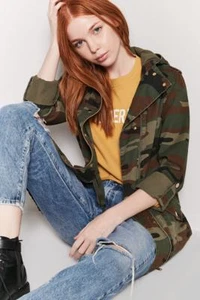 Forever 21 Olive Black Camo Print Utility Jacket S/M - Picture 1 of 4