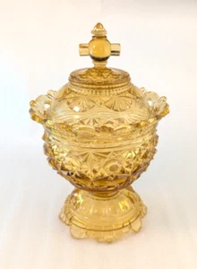 * Antico vaso caramelle Belmont margherita bottone vetro ambrato coperchio composta lievi difetti - Foto 1 di 8