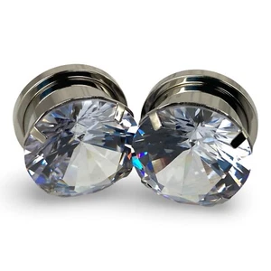 Pair 316L Steel Screw on Plugs with Clear Prong Set CZ Gem (PS-147) gauges - Picture 1 of 4