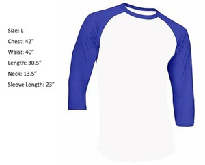 3/4 Sleeve Raglan Baseball Mens Plain Jersey Sports T-Shirt White Royal Blue L - Picture 1 of 2