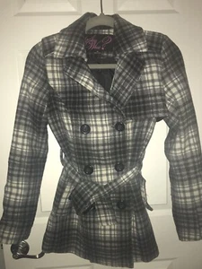 Say What Womens JuniorJacket XS Black Gray plaid, belted Coat Double Breasted - Picture 1 of 12