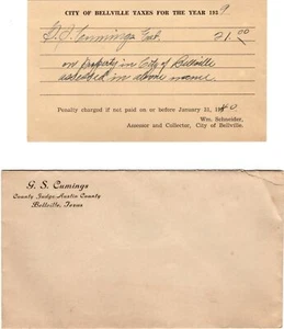 Postcard & Envelope Tax Bill Bellville Texas 1939 G.S. Cumings Austin Co Judge - Picture 1 of 1