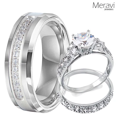 🔥 Conjunto de anillos de compromiso de circonita cúbica de plata esterlina 925 alianza de boda de tungsteno [el suyo y el suyo] Foto 1 de 4